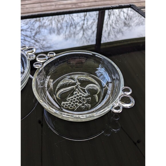 Vintage Clear Pressed Glass Berry/ Dessert Bowl Set Of Two Bottom Bubble Handles - Picture 2 of 13